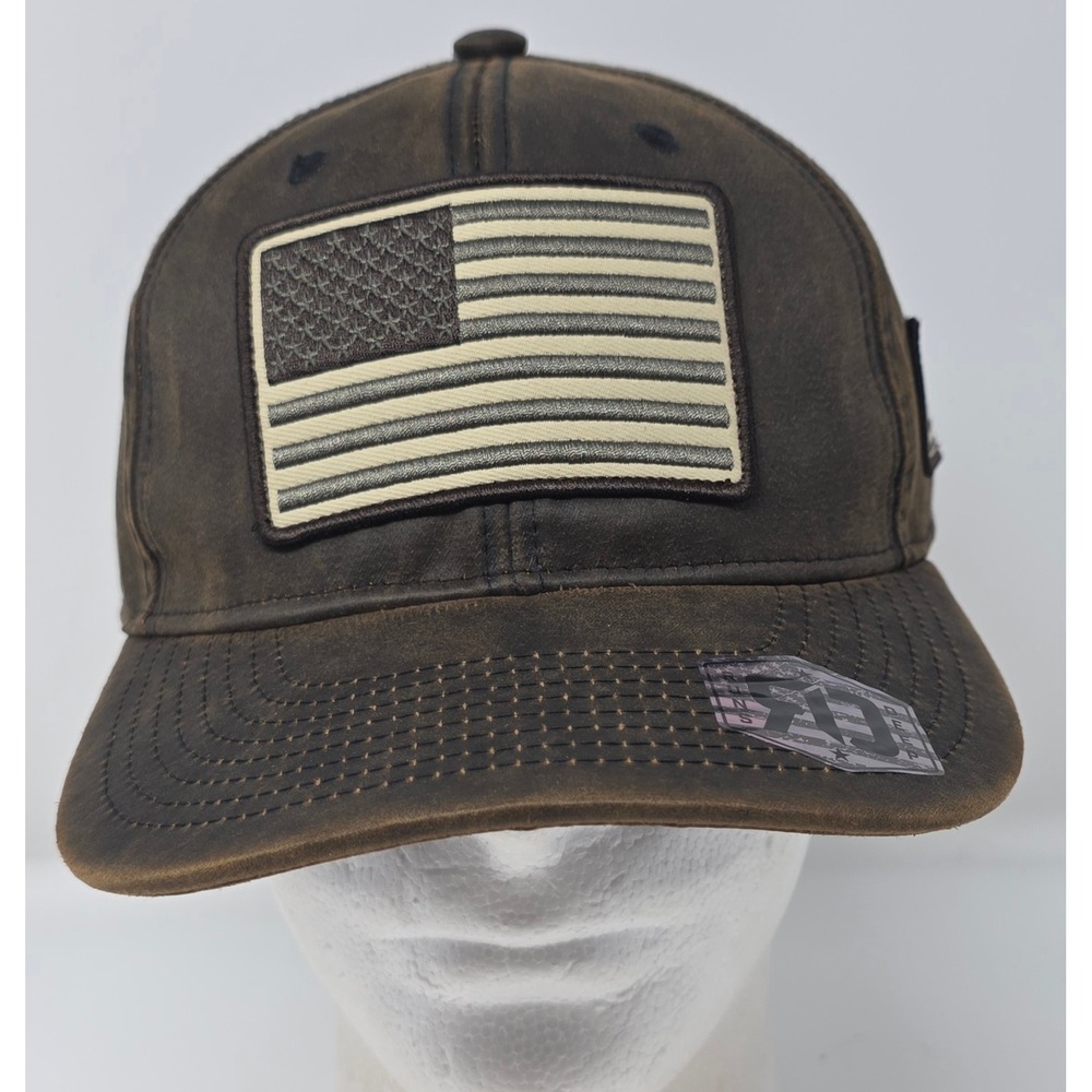 Runs Deep Tactical Oilskin Weathered Strapback Hat American Flag Patch Cap NWT
